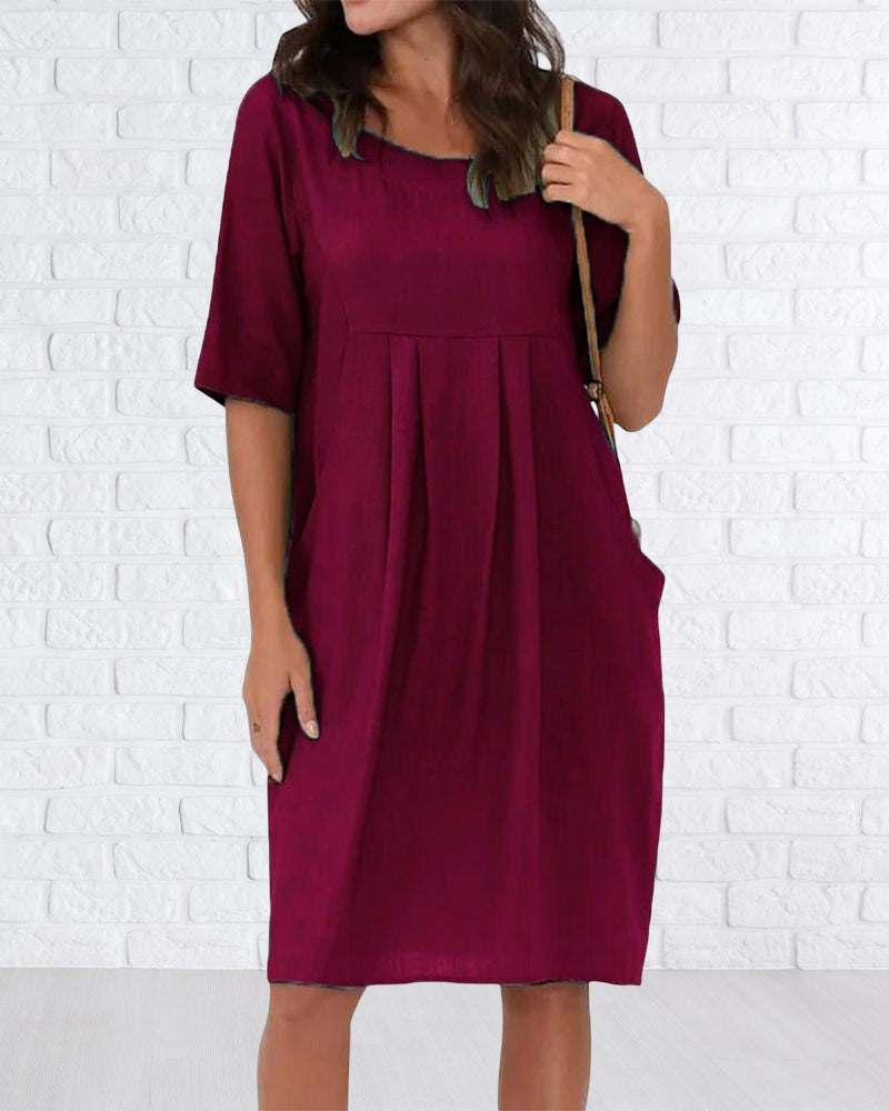 Modefest- Einfarbiges Kleid mit Rundhalsausschnitt und Taschen Rot
