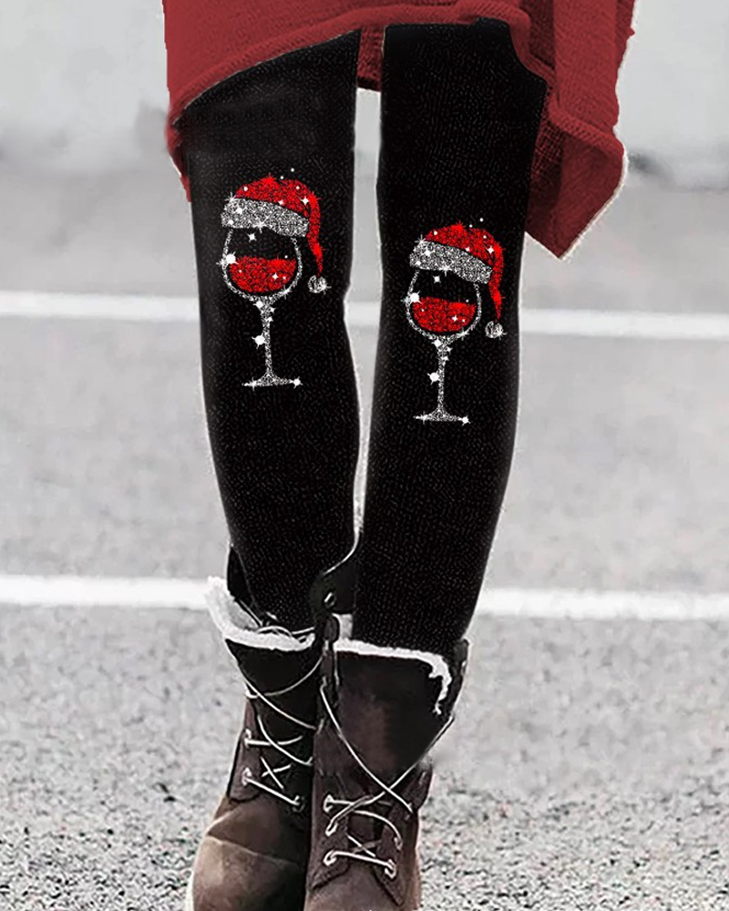 Modefest- Leggings mit weihnachtsaufdruck Knie Weinglas