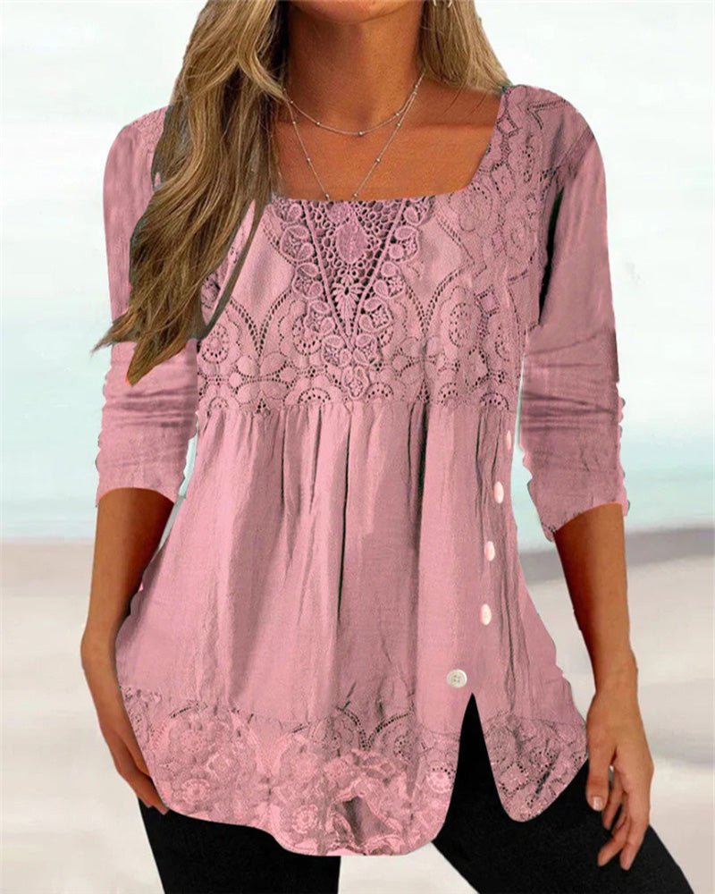 Modefest- Einfarbige Bluse mit Spitzendetails Rosa