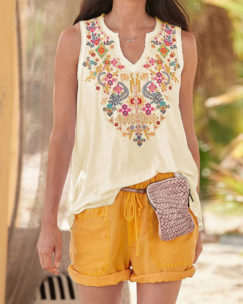 Modefest- Boho-Tanktop mit V-Ausschnitt und Blumendruck Gelb