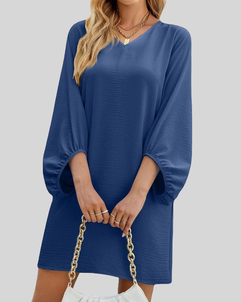 Modefest- Solides kleid mit puffärmeln und v-ausschnitt Marineblau