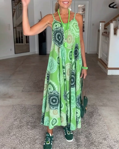 Modefest- Ärmelloses bedrucktes Kleid mit V-Ausschnitt Grün