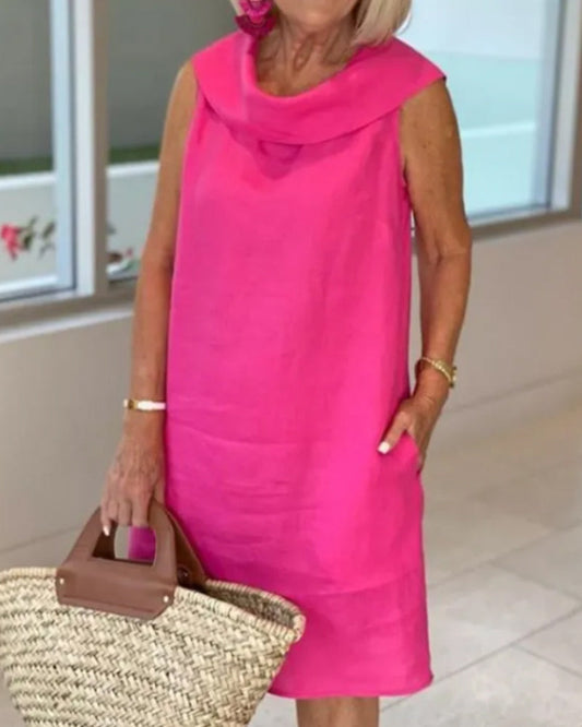 Modefest- Auffälliges einfarbiges Kleid aus Baumwolle und Leinen Rosa