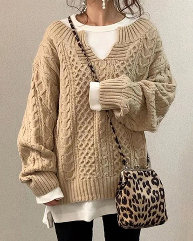Modefest- Einfarbiger Pullover mit Zopfmuster Khaki
