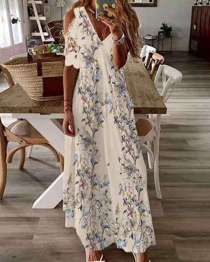 Modefest- Kleid mit Blumendruck und kurzen Spitzenärmeln Beige