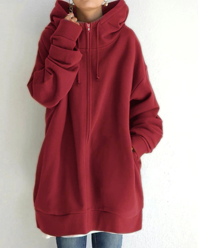 Modefest- Lange sweatshirtjacke mit reißverschluss an der kapuze Rot