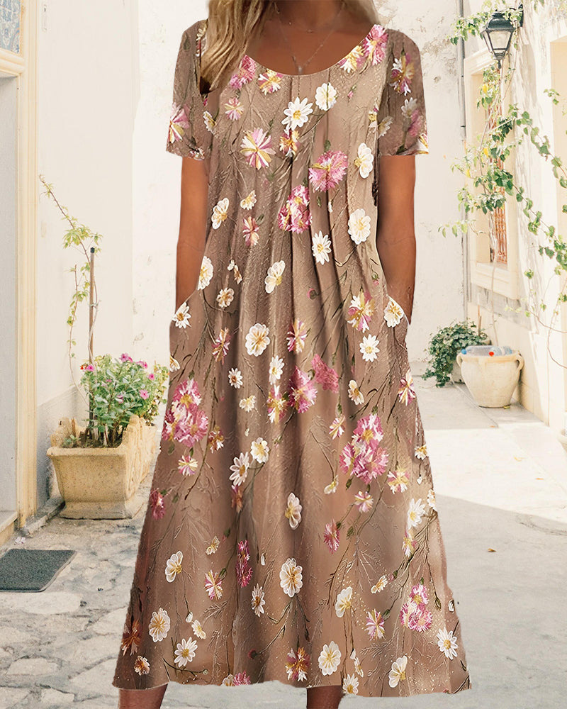 Modefest- Rundhalskleid mit Blumendruck und kurzen Ärmeln