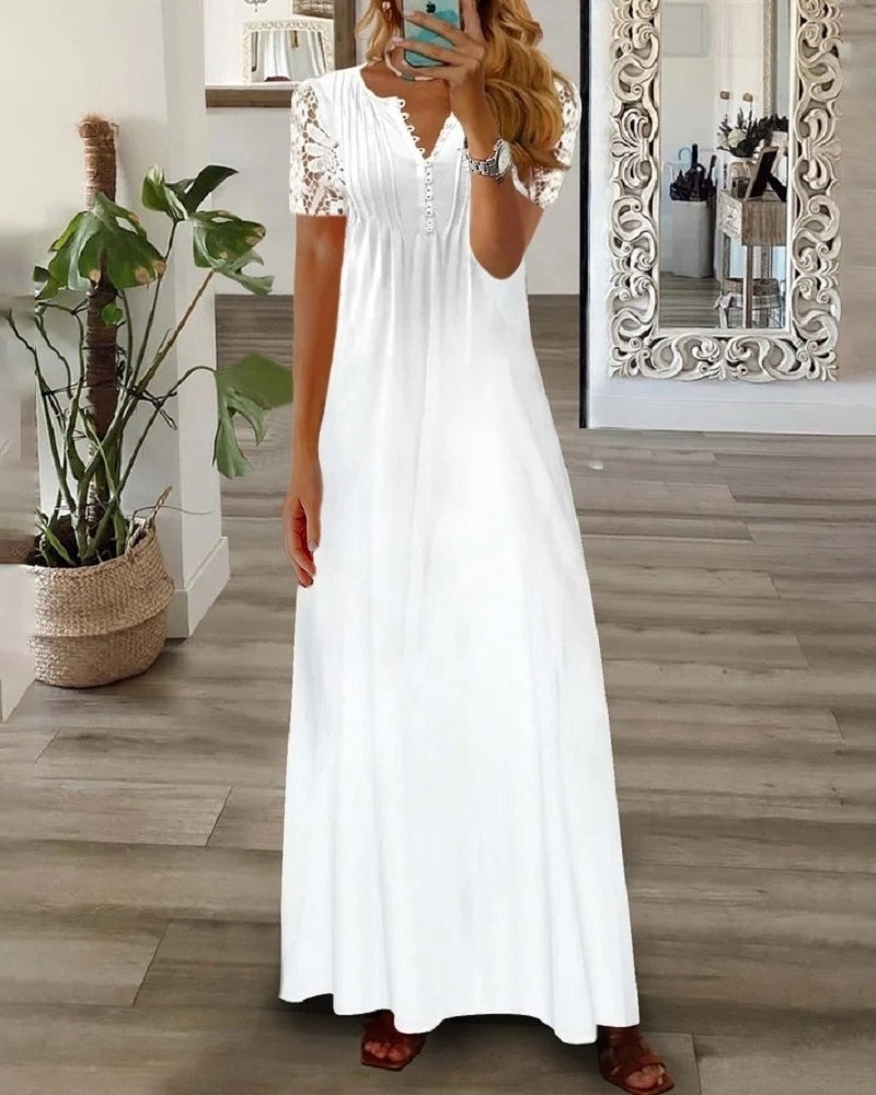 Modefest- Langes Kleid mit Blumendruck und kurzen Ärmeln aus Spitze Weiß
