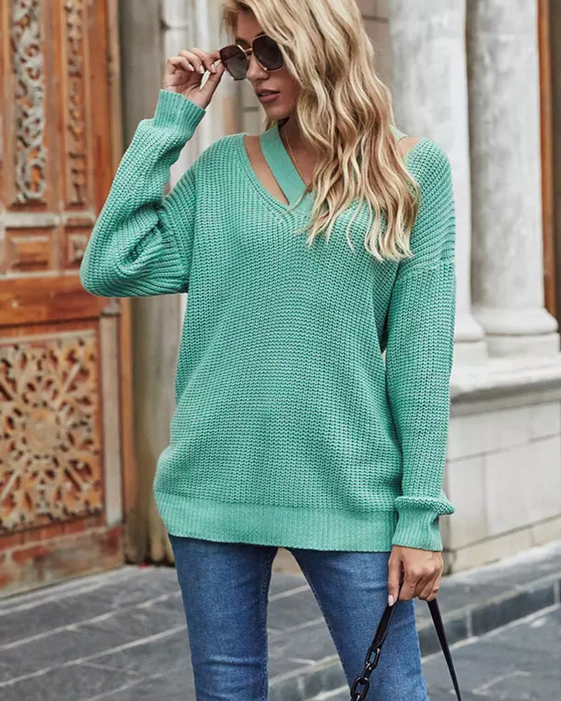 Modefest- Einfarbiger Pullover mit V-Ausschnitt Grün