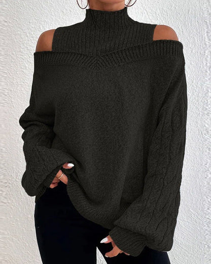 Modefest- Schicker einfarbiger Pullover mit hohem Halsausschnitt, kalter Schulter und langen Ärmeln Schwarz