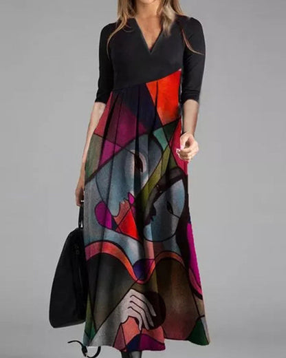 Modefest- Langärmliges plissiertes A-Linien-Kleid mit Farbblockmuster