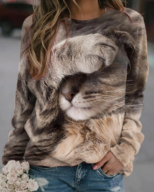 Modefest- Langarm-Sweatshirt mit Rundhalsausschnitt und Katzen-Print Braun
