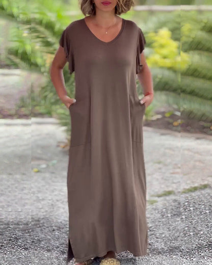 Modefest- Langes einfarbiges Kleid mit Tasche und kurzen Ärmeln Kaffee