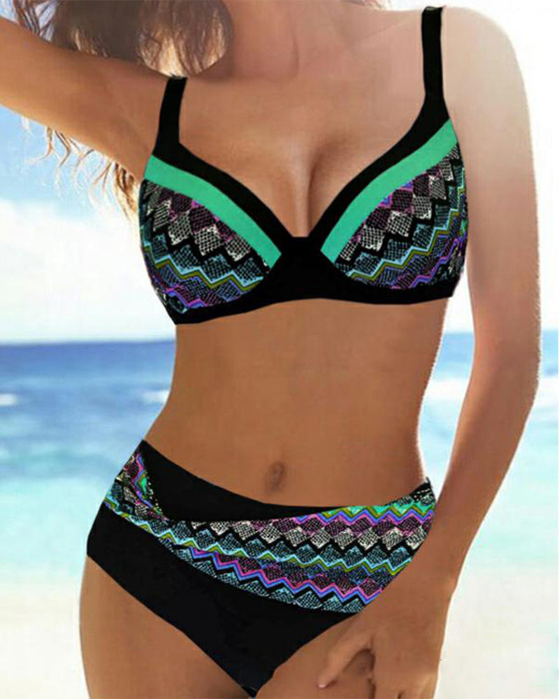 Modefest- Push-up-Bikinis mit hoher Taille und Streifendruck Grün