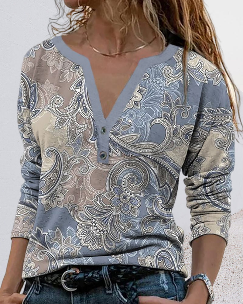 Modefest- Langarmshirt mit V-Ausschnitt und Paisley-Muster Blau