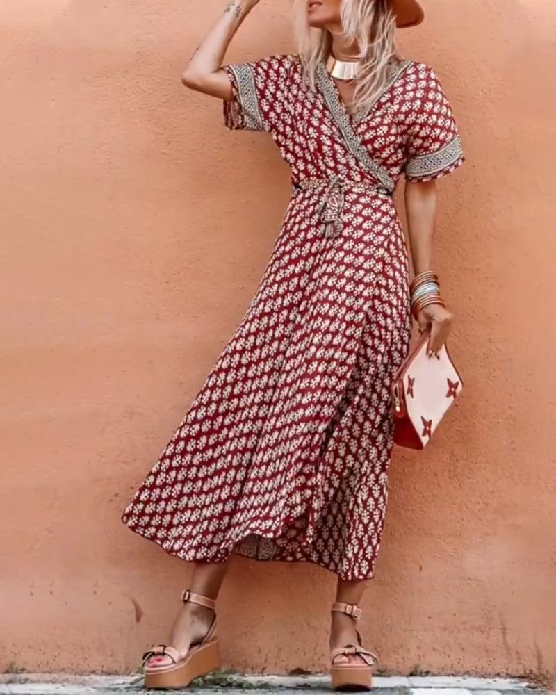 Modefest- Vintage-Kleid mit V-Ausschnitt und Print