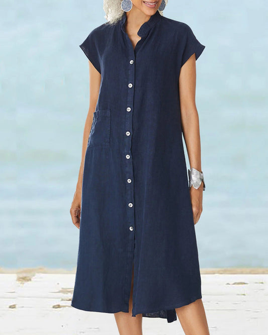 Modefest- Einreihiges Kleid mit Stehkragen und Tasche Marineblau