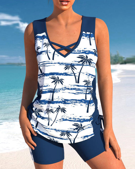 Modefest- Bedruckter zweiteiliger Badeanzug mit V-Ausschnitt Marineblau