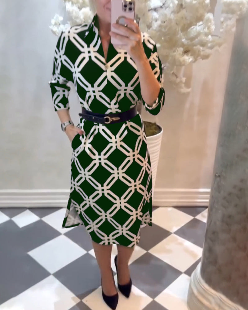 Modefest- Elegantes Kleid mit geometrischem Print und seitlichem Schlitz Grün