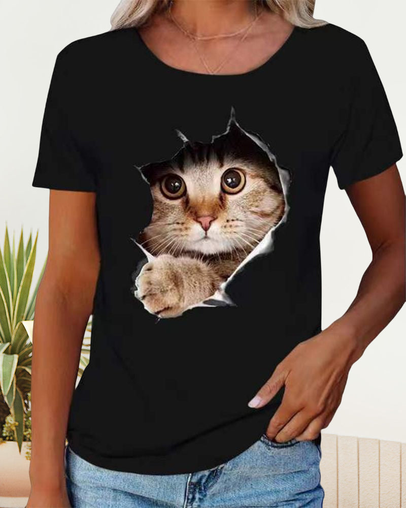 Modefest- T-Shirt mit zerrissenem Katzen-Print