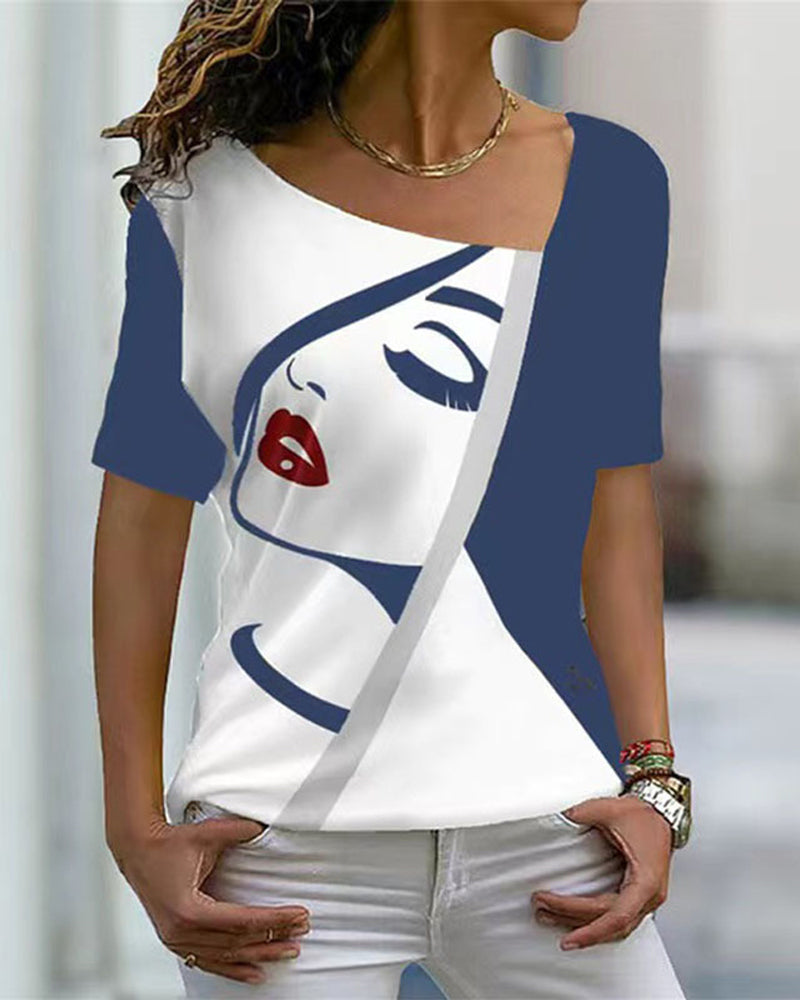 Modefest- Kurzärmliges T-Shirt mit V-Ausschnitt und Gesichtsaufdruck Blau