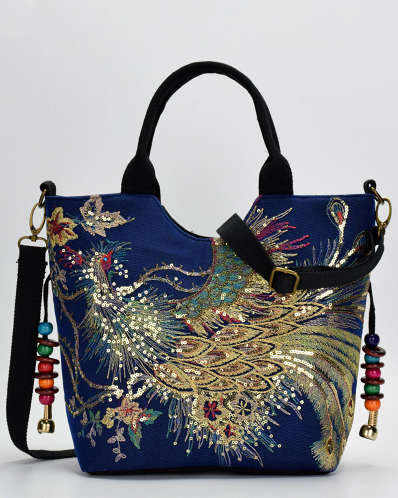 Modefest- Tasche im ethnischen Stil mit Pfau-Stickerei Blau Umhängetasche
