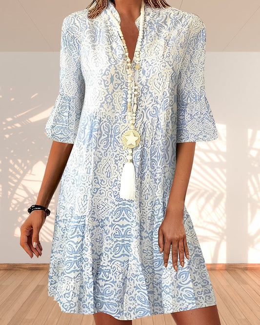 Modefest- Elegantes Kleid im Print mit Halbarm Blau