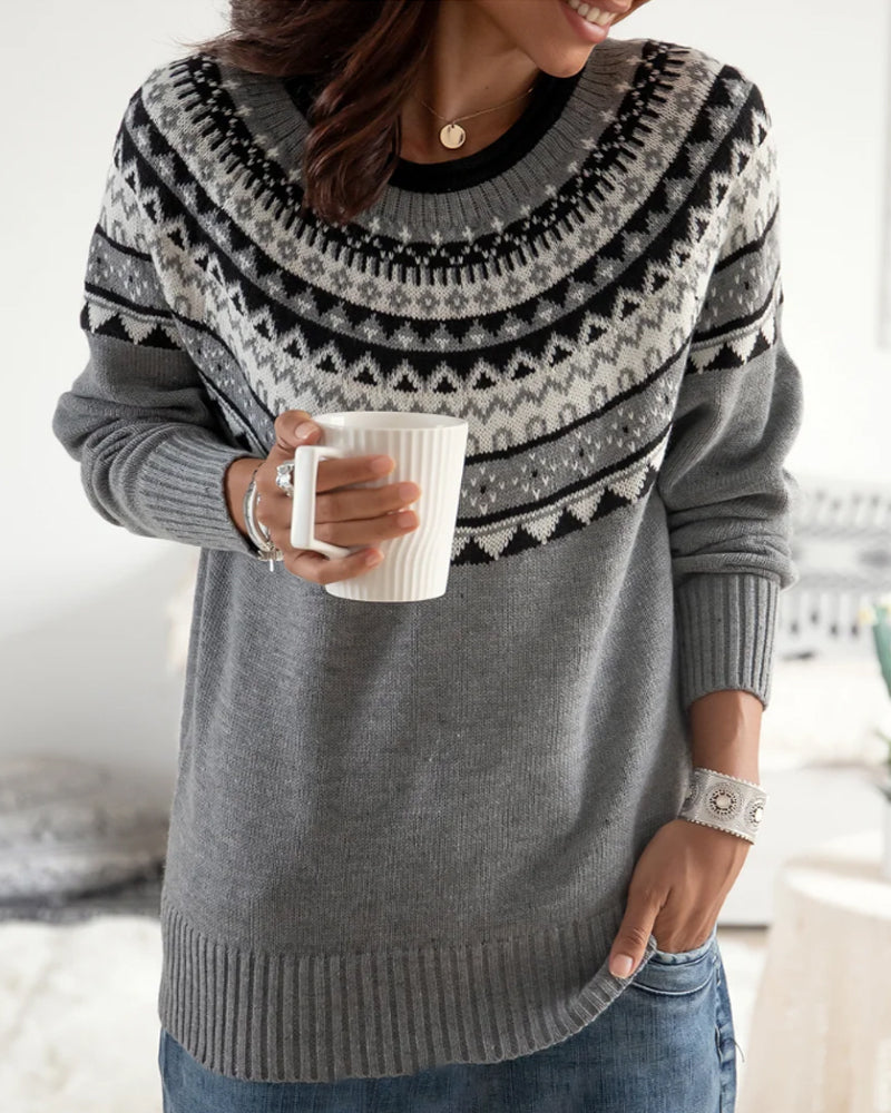Modefest- Langarm-Pullover mit geometrischem Muster und Rundhalsausschnitt