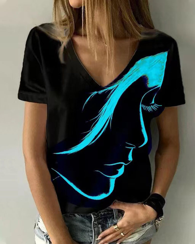 Modefest- T-Shirt mit V-Ausschnitt und Figurendruck Cyan