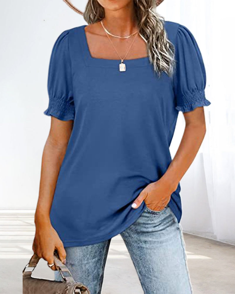 Modefest- Einfarbiges T-Shirt mit kurzen Ärmeln und eckigem Ausschnitt Blau