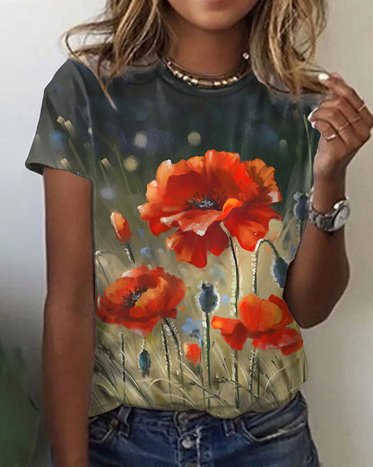 Modefest- T-Shirt mit Blumendruck und Rundhalsausschnitt mit kurzen Ärmeln Khaki