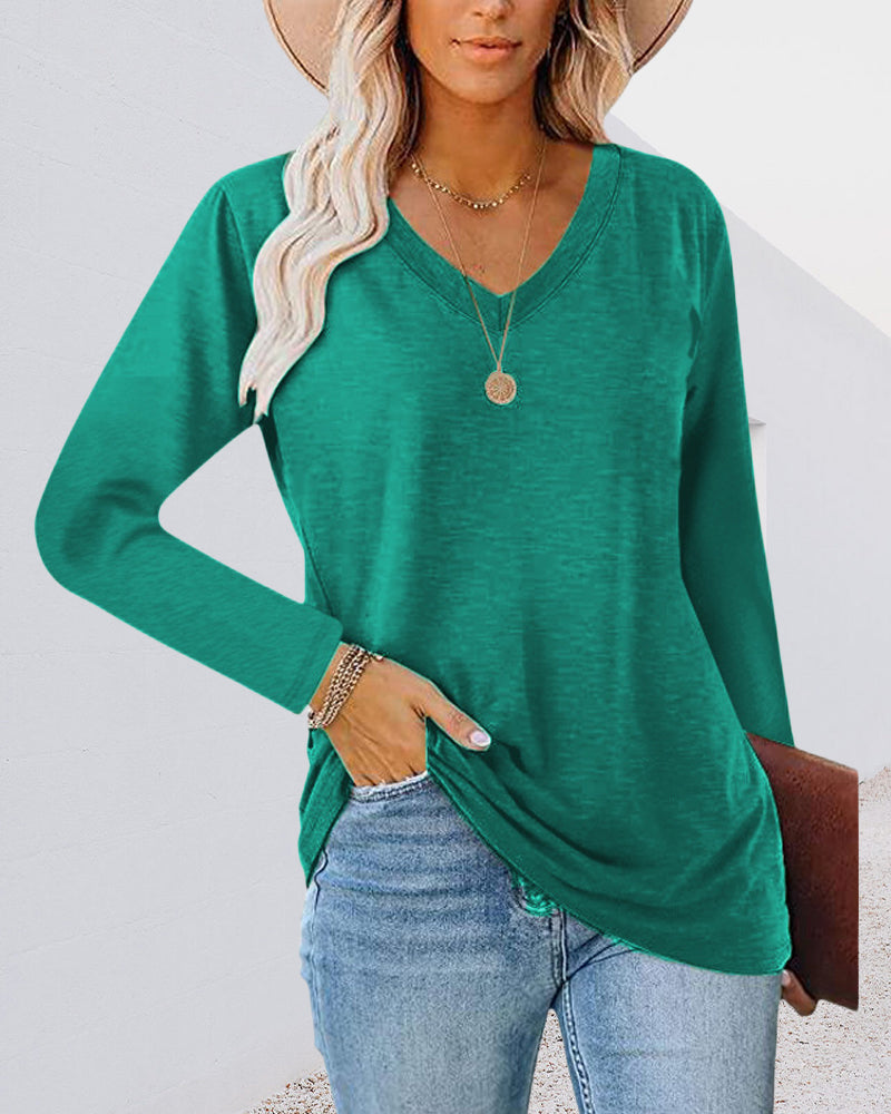 Modefest- Einfarbiges Langarm-T-Shirt mit V-Ausschnitt Grün