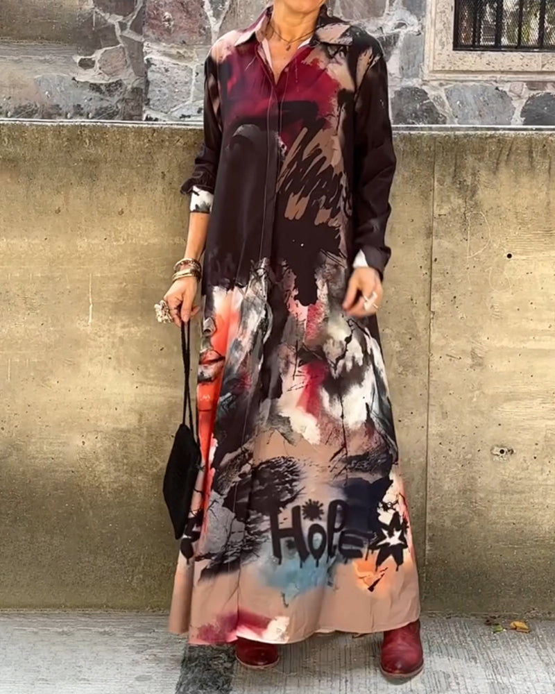 Modefest- Lässiges langes Kleid mit Graffiti-Print und Revers