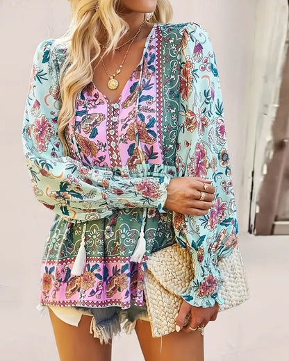 Ethnic style lantern sleeve blouse