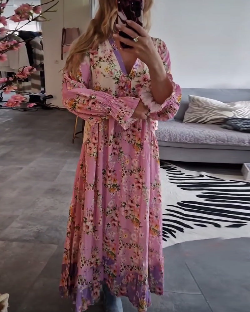 Robe longue élégante à col en V et imprimé floral