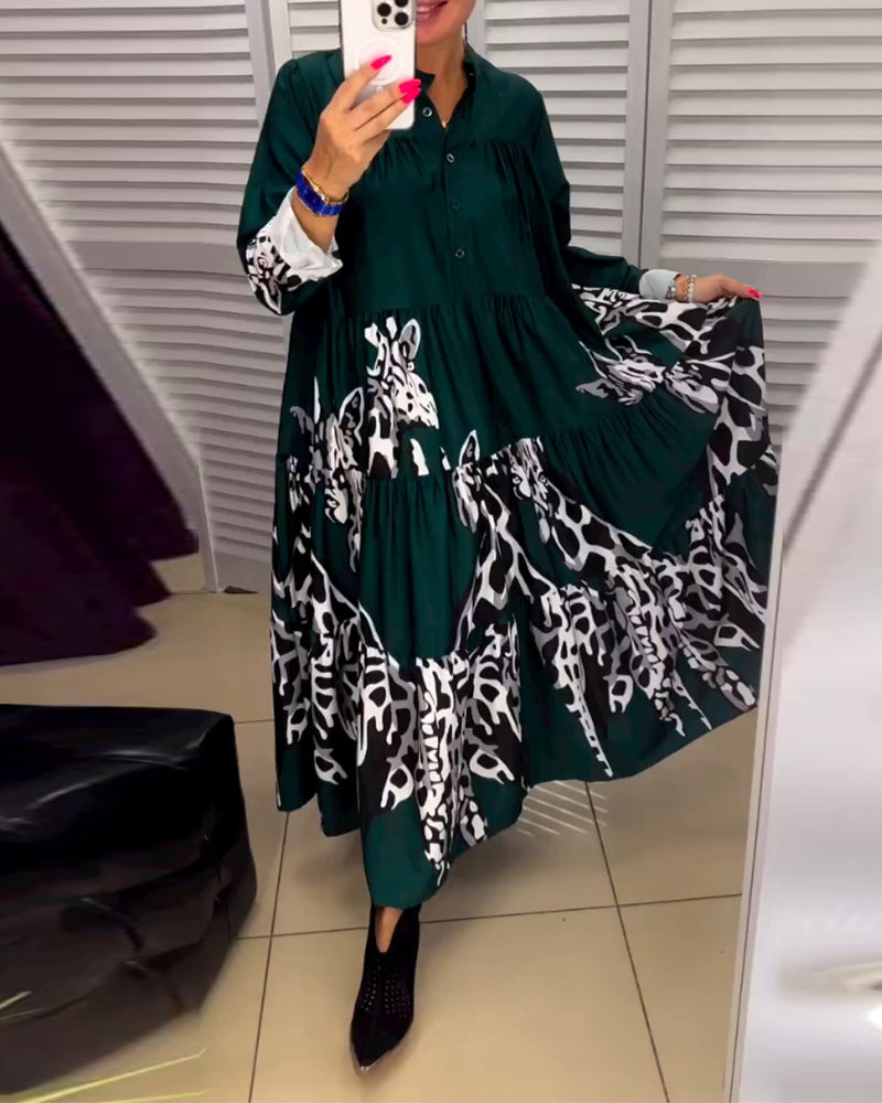 Modefest- Lässiges langes Kleid mit bedruckten Knöpfen Grün
