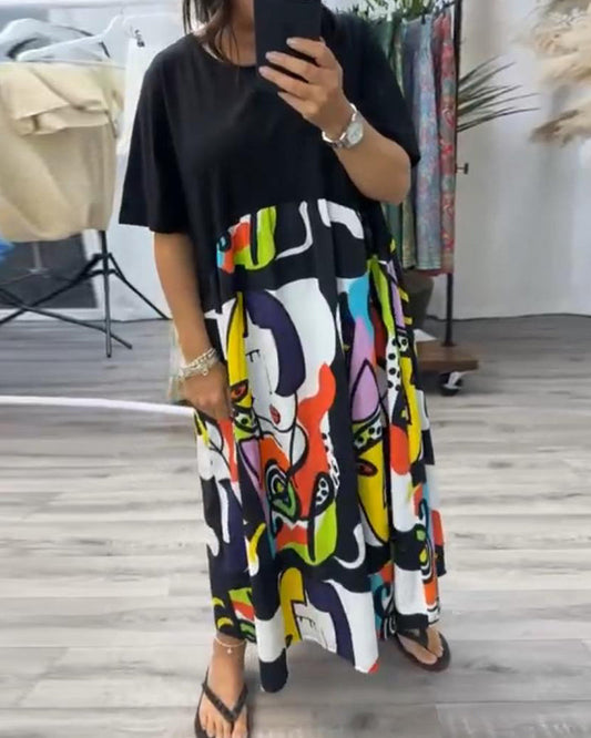 Casual, colorful printed patchwork dress with round neck