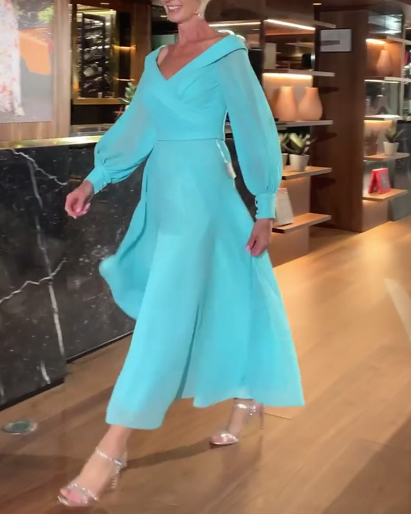 Modefest- Elegantes einfarbiges kleid mit reißverschluss am v-ausschnitt und laternenärmeln