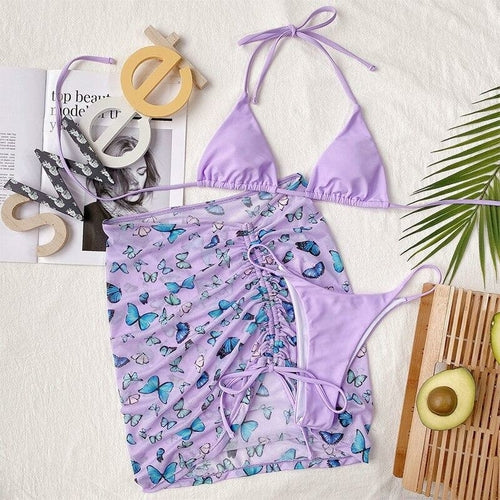 Modefest- 3-teiliger Mesh-Badeanzug mit hoher Taille, sexy Triangel-Mikro-Bikini-Set Violett