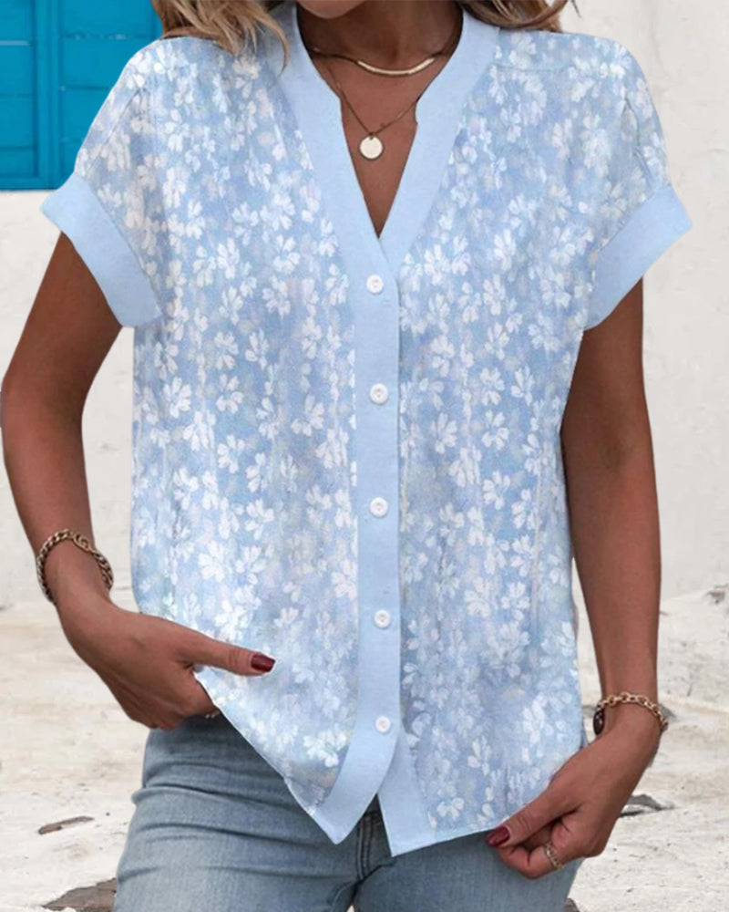 Modefest- Kurzärmliges hemd mit v-ausschnitt und knöpfen im blumenmuster