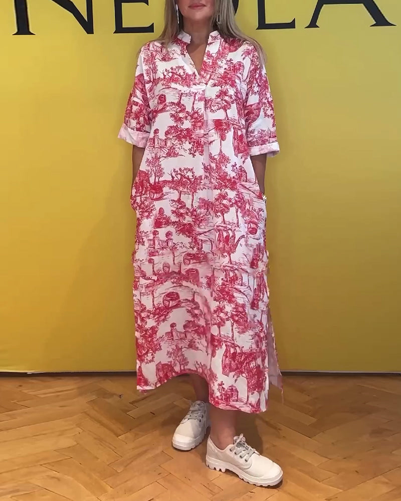 Modefest- Kleid mit Schlitztaschen und Landschaftsdruck