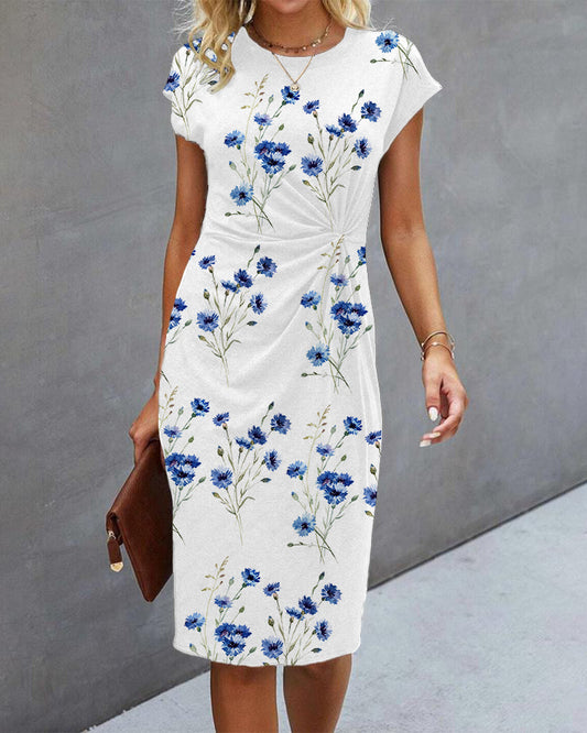 Modefest- Blaues Kleid mit Blumendruck und kurzen Ärmeln Weiß