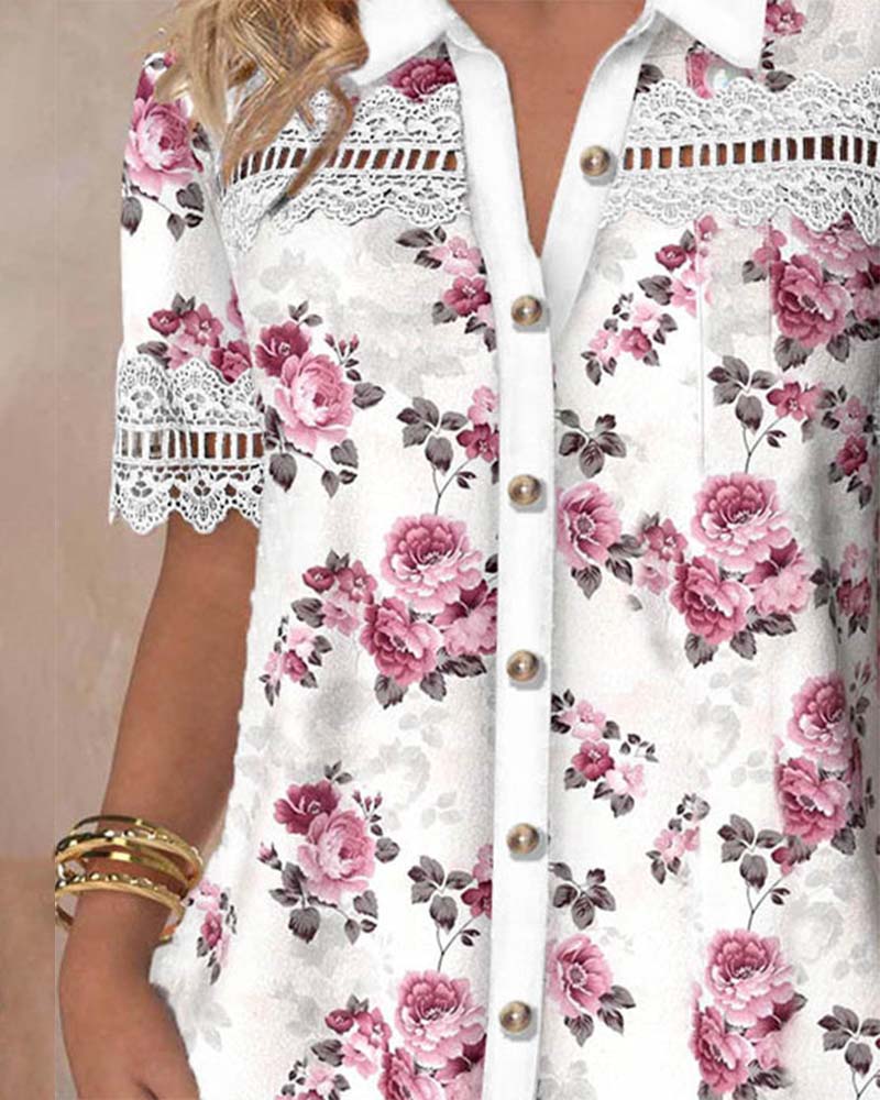 Modefest- Elegantes Spitzen-Patchwork-Hemd mit Blumendruck
