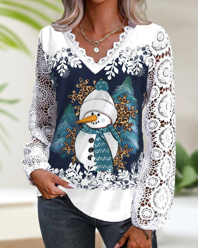 Modefest- Bluse mit Spitzen- und Schneemannmuster