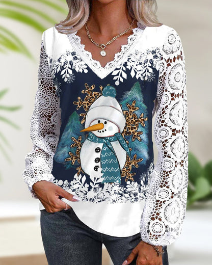 Modefest- Bluse mit Spitzen- und Schneemannmuster Weiß