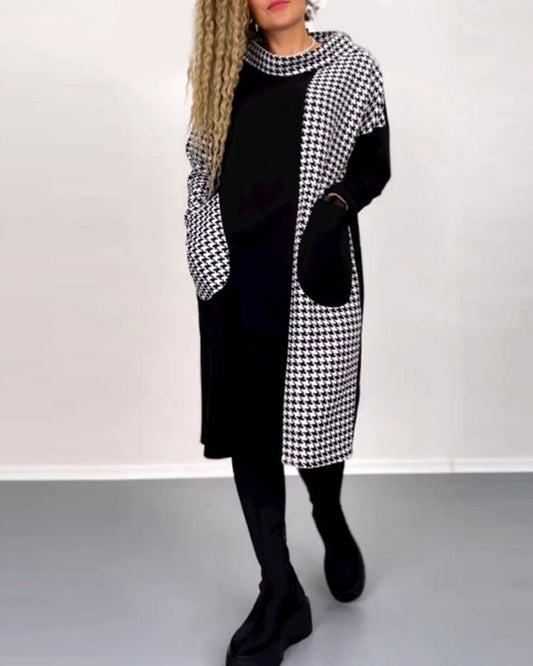 Modefest- Kariertes Farbblockkleid mit Rundhalsausschnitt Schwarz