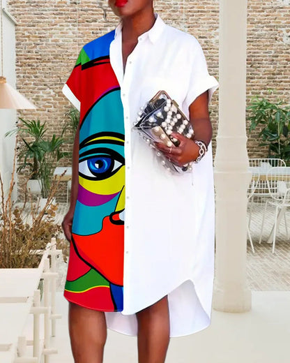 Modefest- Lässiges Kleid mit Reversknopf und Gesichtsdruck