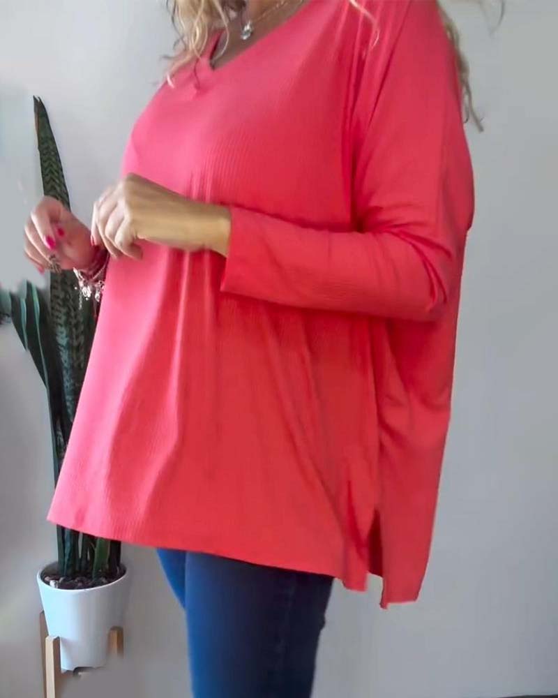 Solid color casual top with V-neck