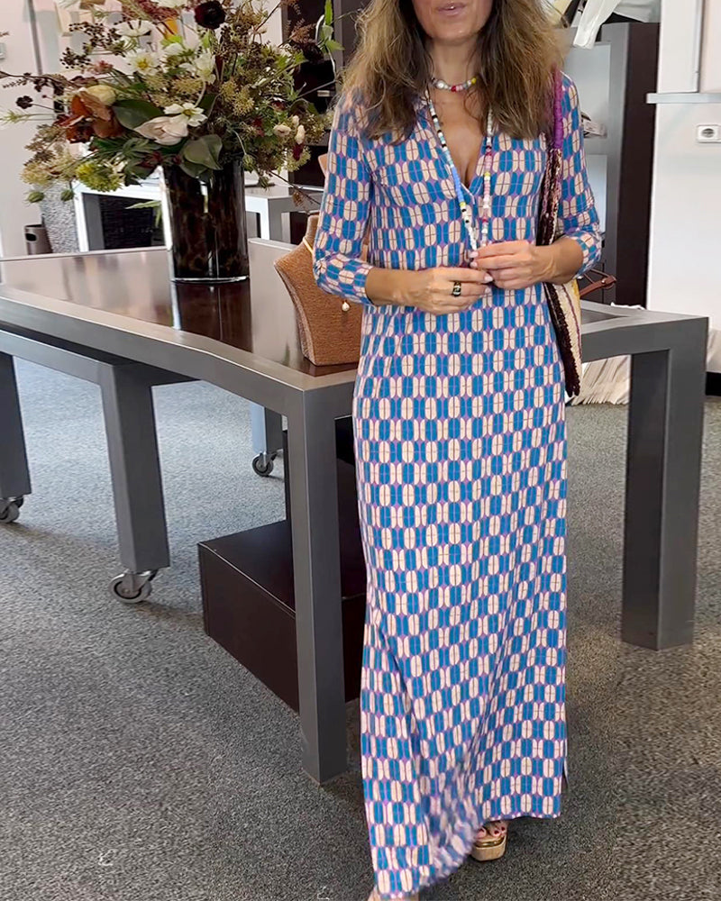 Casual printed v-neck slit dress