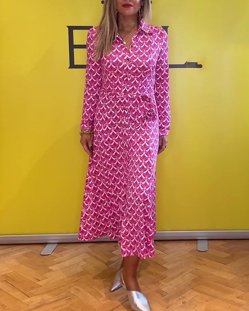 Vestido elegante de lapela e botão com estampa geométrica